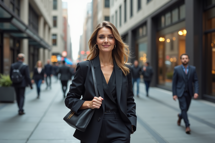 Femme confiante en costume chic dans la ville