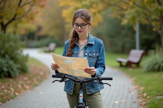 Jeune femme en denim lisant une carte dans un parc