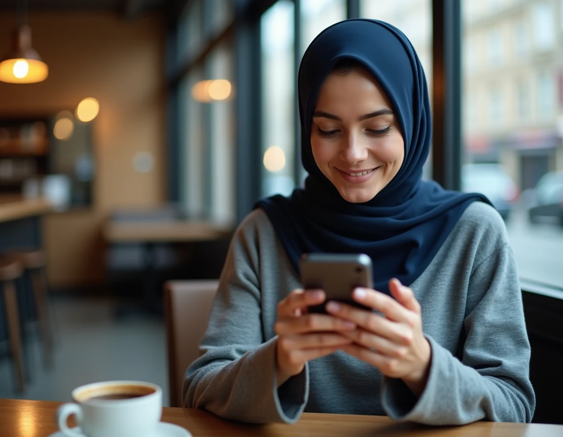 Jeune femme musulmane vérifiant les horaires de la mosquée Ris-Orangis sur smartphone dans un café