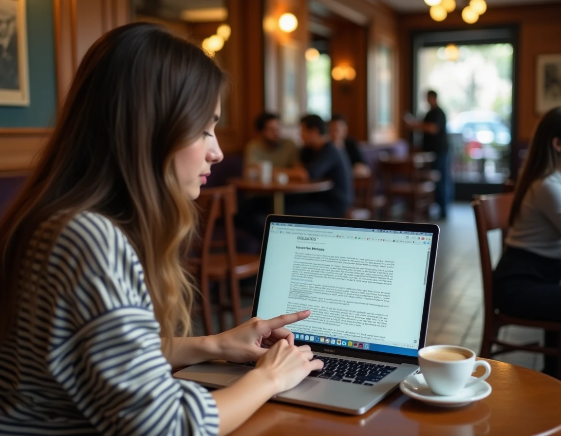 Jeune femme vérifiant l'orthographe du mot aller-retour sur son ordinateur portable dans un café parisien
