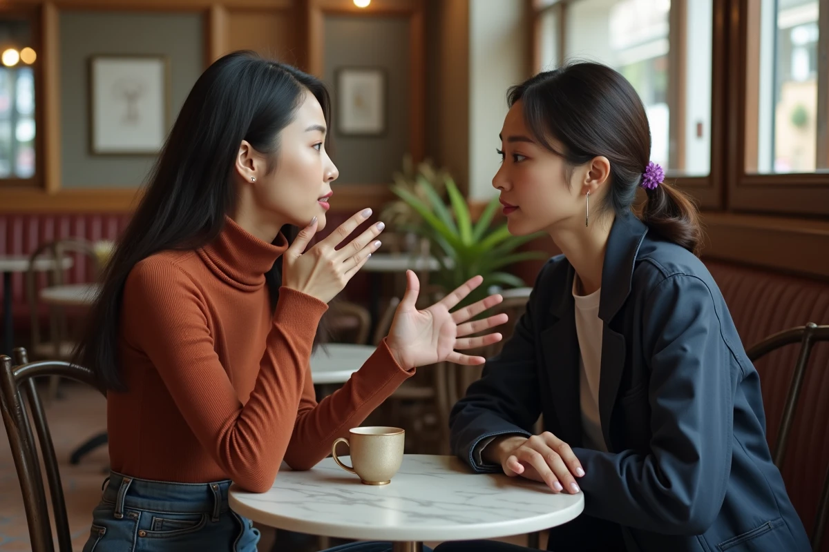 Deux femmes asiatiques en conversation animée dans un café parisien au décor vintage