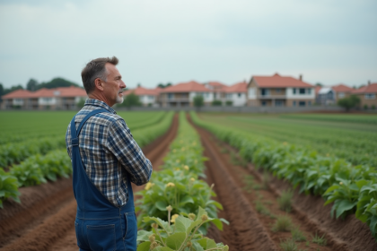 Fermeur en champs face aux maisons en construction