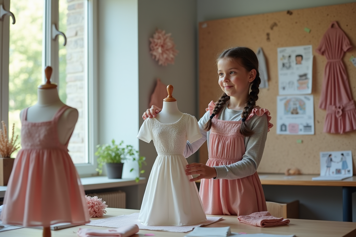 Fille de 7 ans présentant sa robe sur mannequin en classe de mode