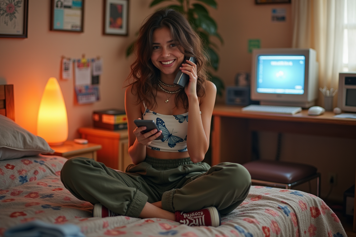 Jeune femme dans sa chambre décor années 2000