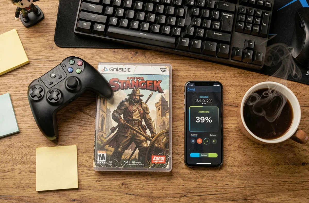 Flat lay gaming avec manette, boîte de jeu, minuterie de durée de vie et café sur un bureau en bois