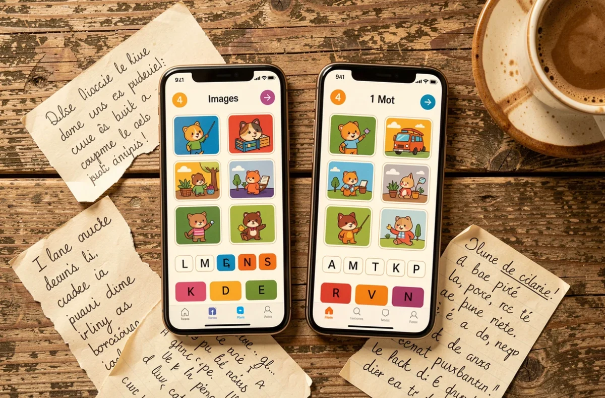 Vue en plongée de deux smartphones affichant le jeu 4 Images 1 Mot avec des notes manuscrites pour trouver la solution en 7 lettres