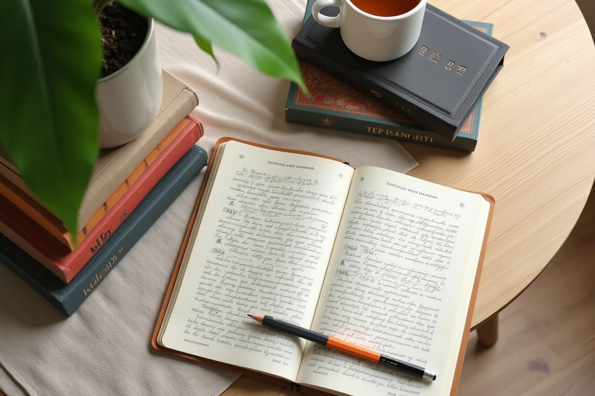 Flatlay de tomes de manga avec un carnet de notes manuscrites sur l'ordre de lecture et les chapitres, ambiance minimaliste