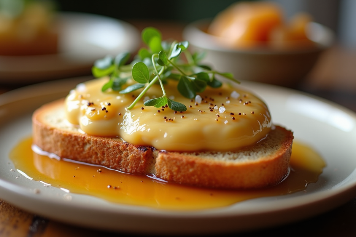 Foie gras sur baguette avec oignons carameles et microgreens