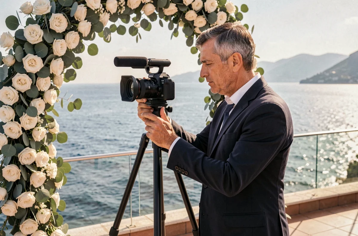 Photographe vidéaste mariage cadrant une arche florale blanche avec vue sur mer dans les Alpes-Maritimes