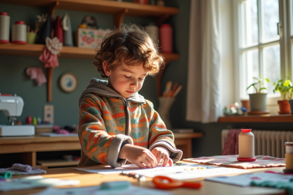 Garçon de 7 ans en atelier créatif avec tissus et machine à coudre