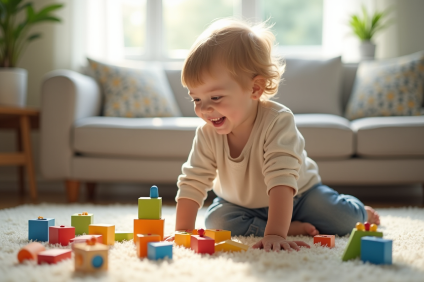 Jeune garçon de trois ans jouant sur un tapis dans le salon avec des jouets colorés