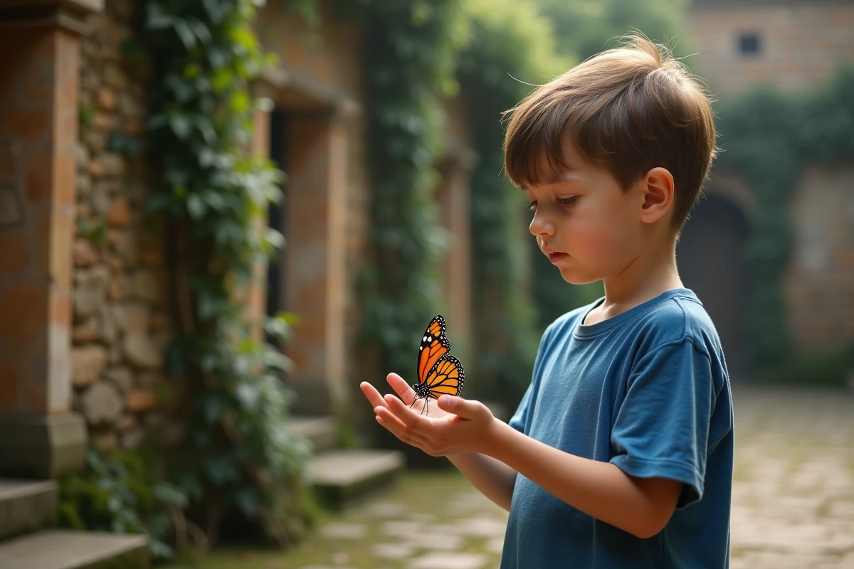 Jeune garçon relâchant un papillon devant un mur ancien