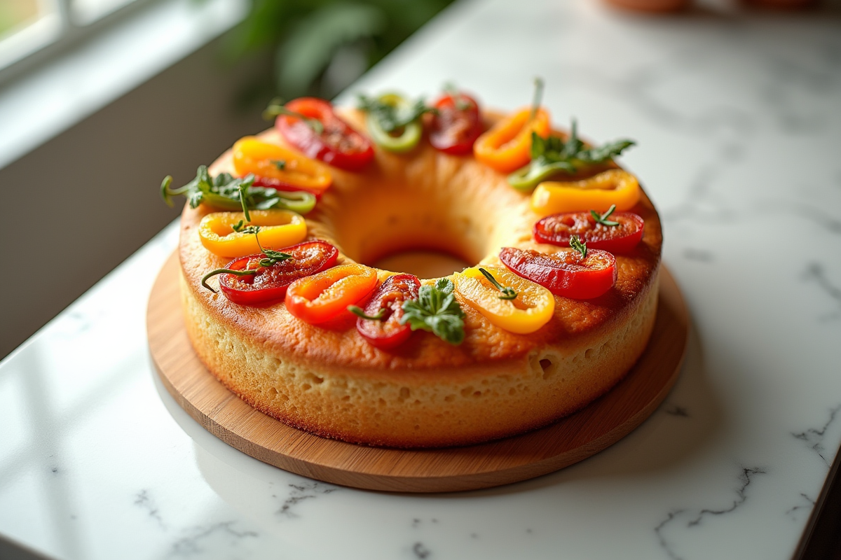 Gâteau salé entier avec poivrons et chorizo sur plan de travail blanc