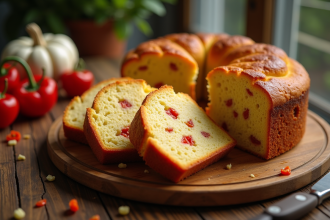 Gâteau salé tranché avec poivrons et chorizo sur table en bois
