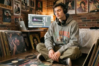 Jeune homme de la génération Z écoutant la musique d'Oskoow dans sa chambre entourée de vinyles et de matériel audio