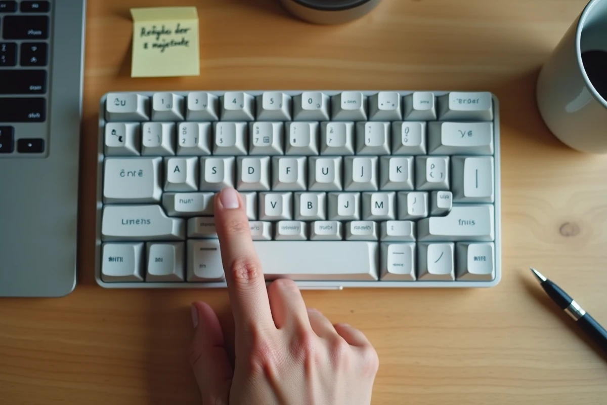 Gros plan d'un clavier AZERTY avec doigt sur la touche accent grave pour saisir le È majuscule