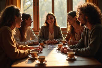 Groupe d'amis souriants jouant à la crapette avec tarot dans un cadre cosy