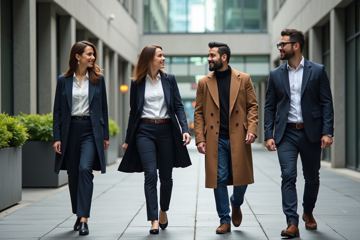 Groupe de collègues discutant devant un bâtiment moderne