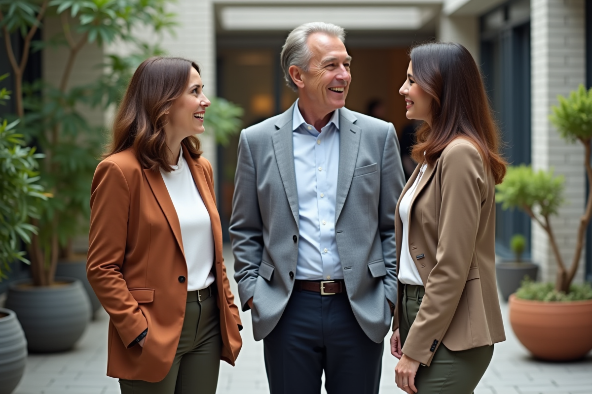 Trois personnes discutant en extérieur dans une cour