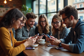 Jeunes divers assis au café avec smartphones et reflets d'icônes sociales