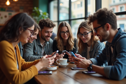 Jeunes divers assis au café avec smartphones et reflets d'icônes sociales