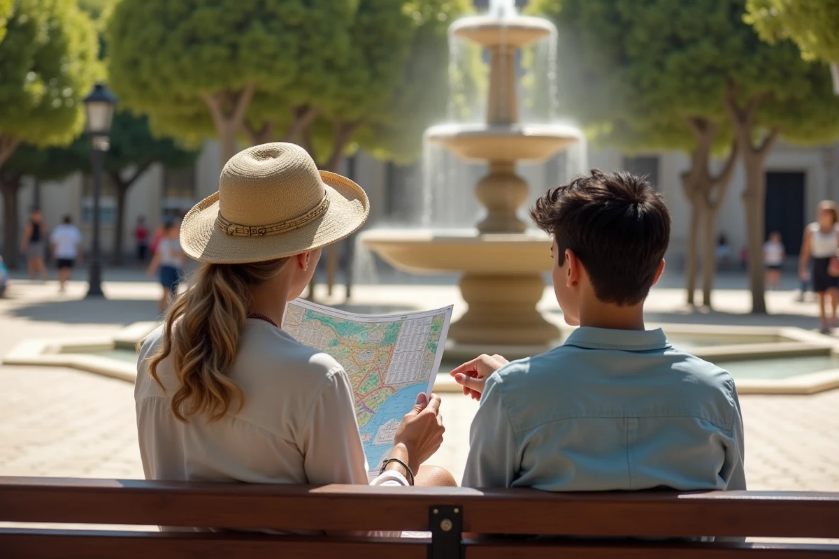 Femme consultant une carte des quartiers de Marseille dans une place publique ensoleillée
