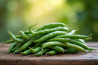 Haricots verts frais sur une table en bois naturel