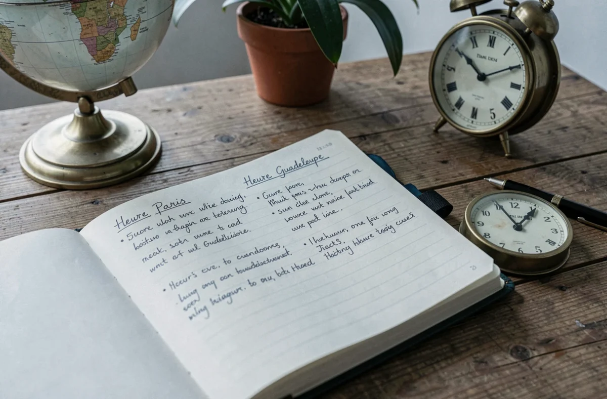 Bureau avec agenda ouvert comparant les heures de Paris et de la Guadeloupe, globe terrestre vintage et horloge en laiton sur bois naturel