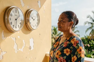Femme guadeloupéenne regardant deux horloges murales affichant l'heure de Paris et l'heure de la Guadeloupe sur une terrasse tropicale