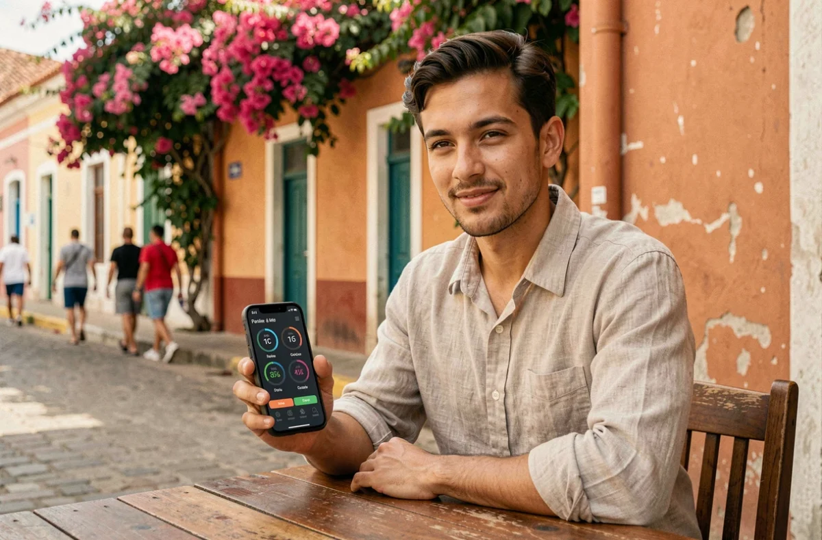 Jeune homme consultant une application d'horloge mondiale sur smartphone dans un café en Guadeloupe avec les fuseaux horaires de Paris et de la Guadeloupe affichés