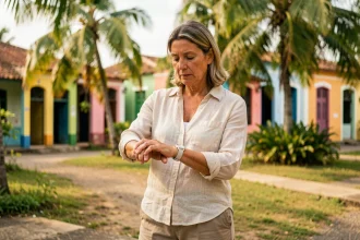 Femme regardant sa montre à Cayenne en Guyane française, illustrant le décalage horaire avec la métropole en hiver