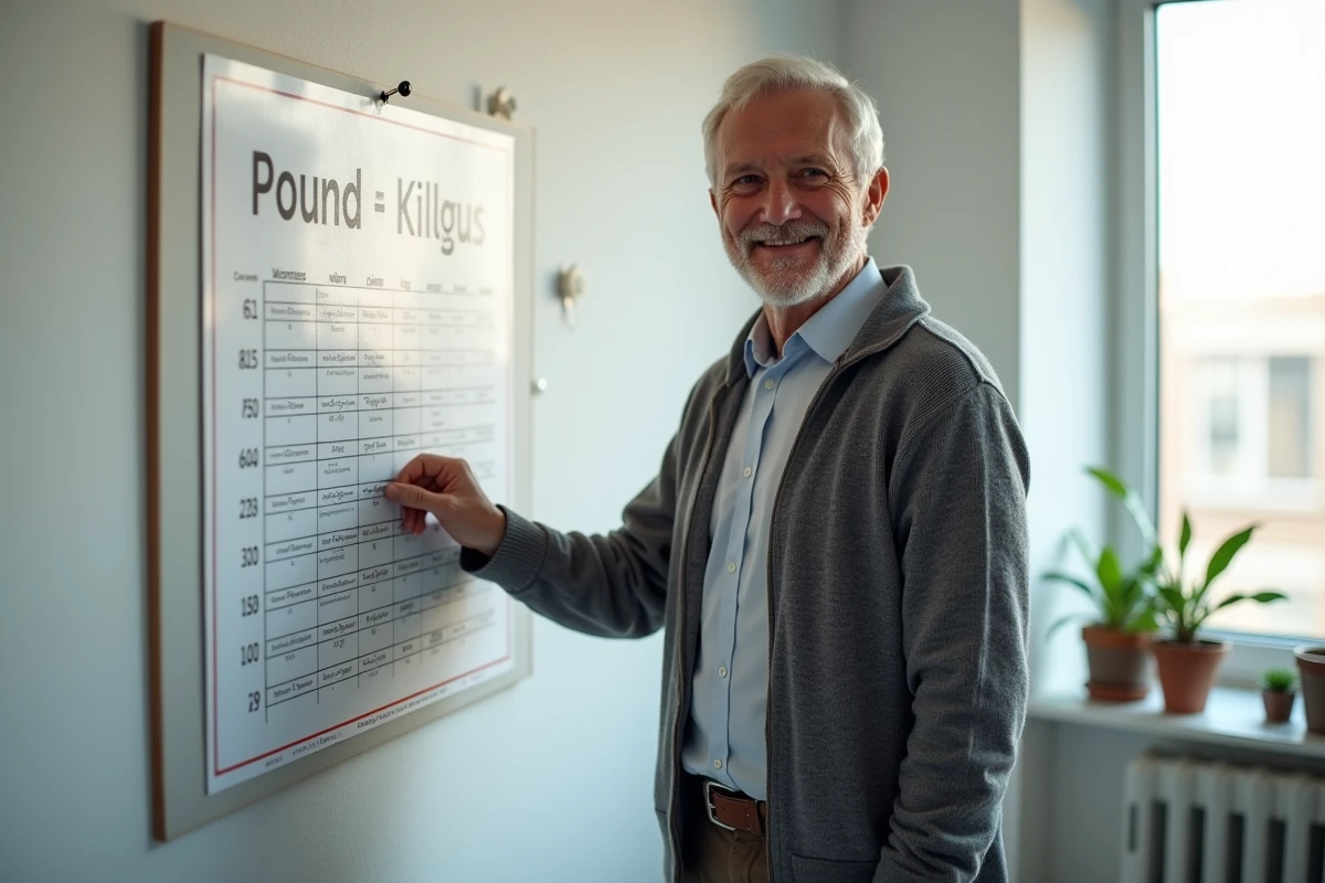 Homme accrochant une affiche de conversion kilogrammes en bureau