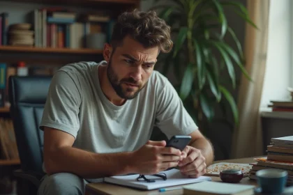 Homme anxieux assis à un bureau désordonné