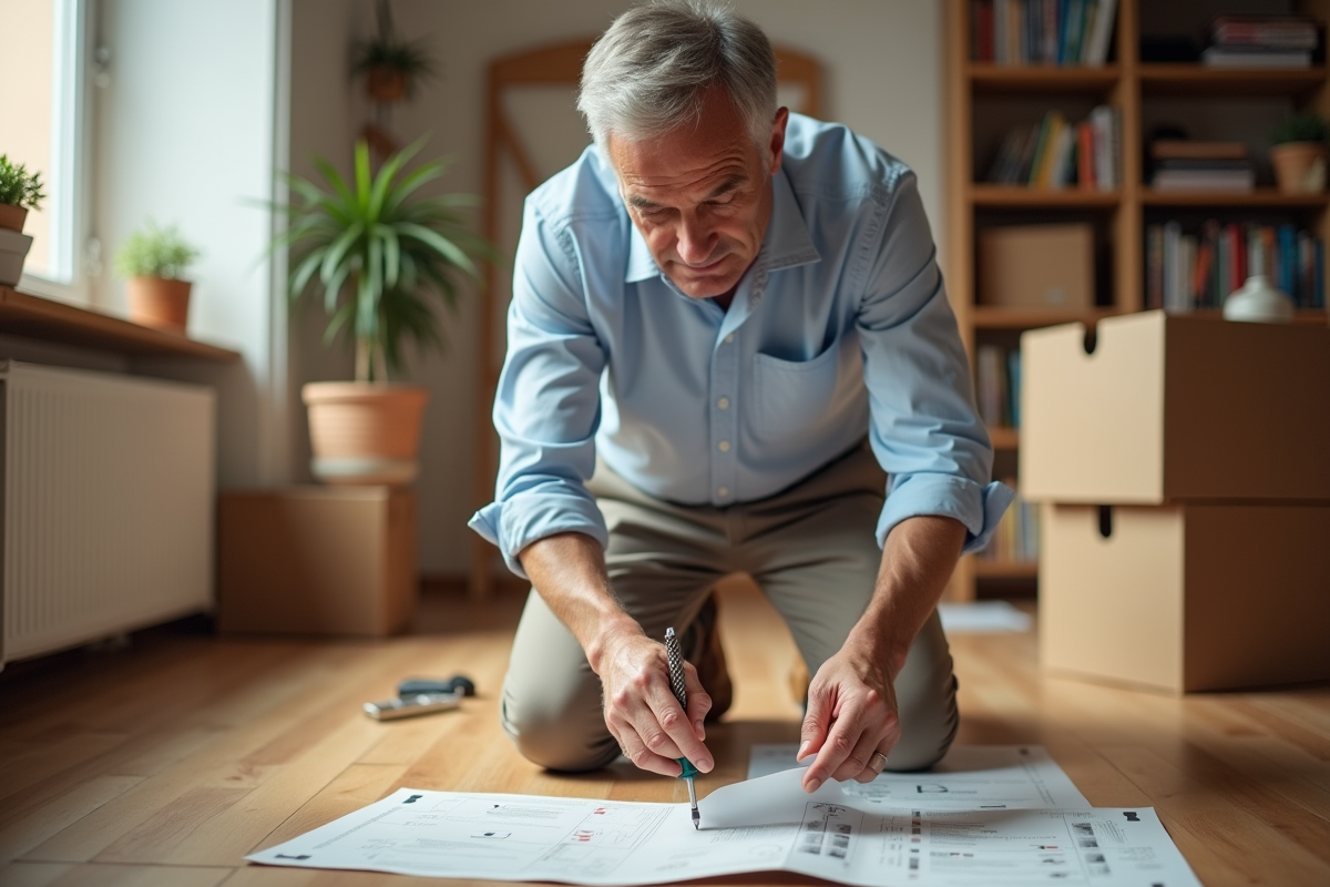 Homme mature assemble un meuble dans un appartement lumineux