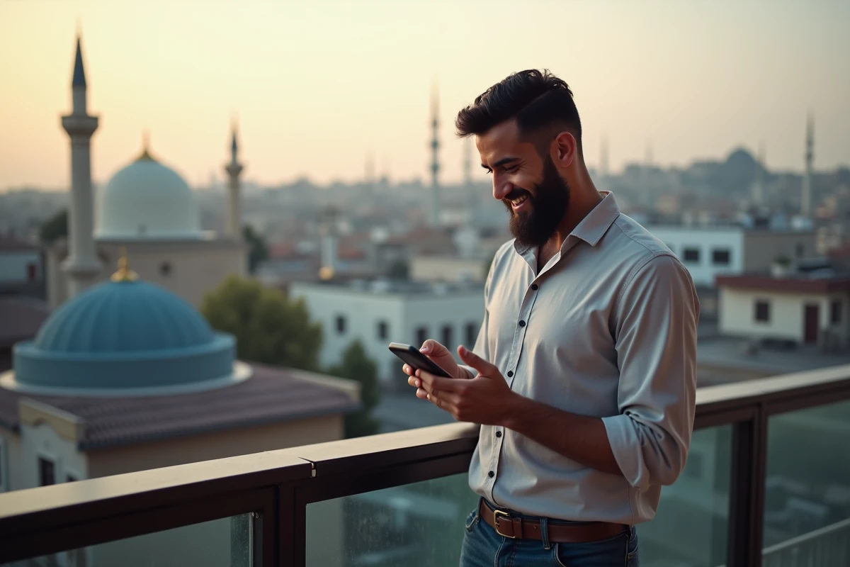 Homme méditant sur un balcon avec vue urbaine en soirée Ramadan