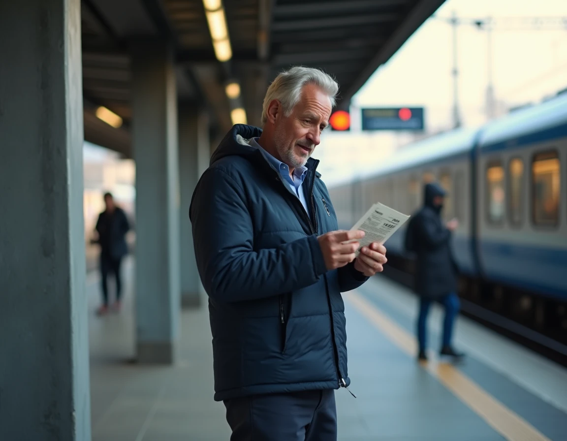 Homme tenant un billet de train aller-retour dans une gare française, illustrant l'usage courant du mot aller-retour