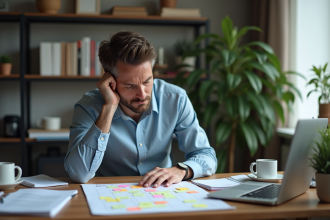 Homme fatigué dans un bureau à domicile désordonné