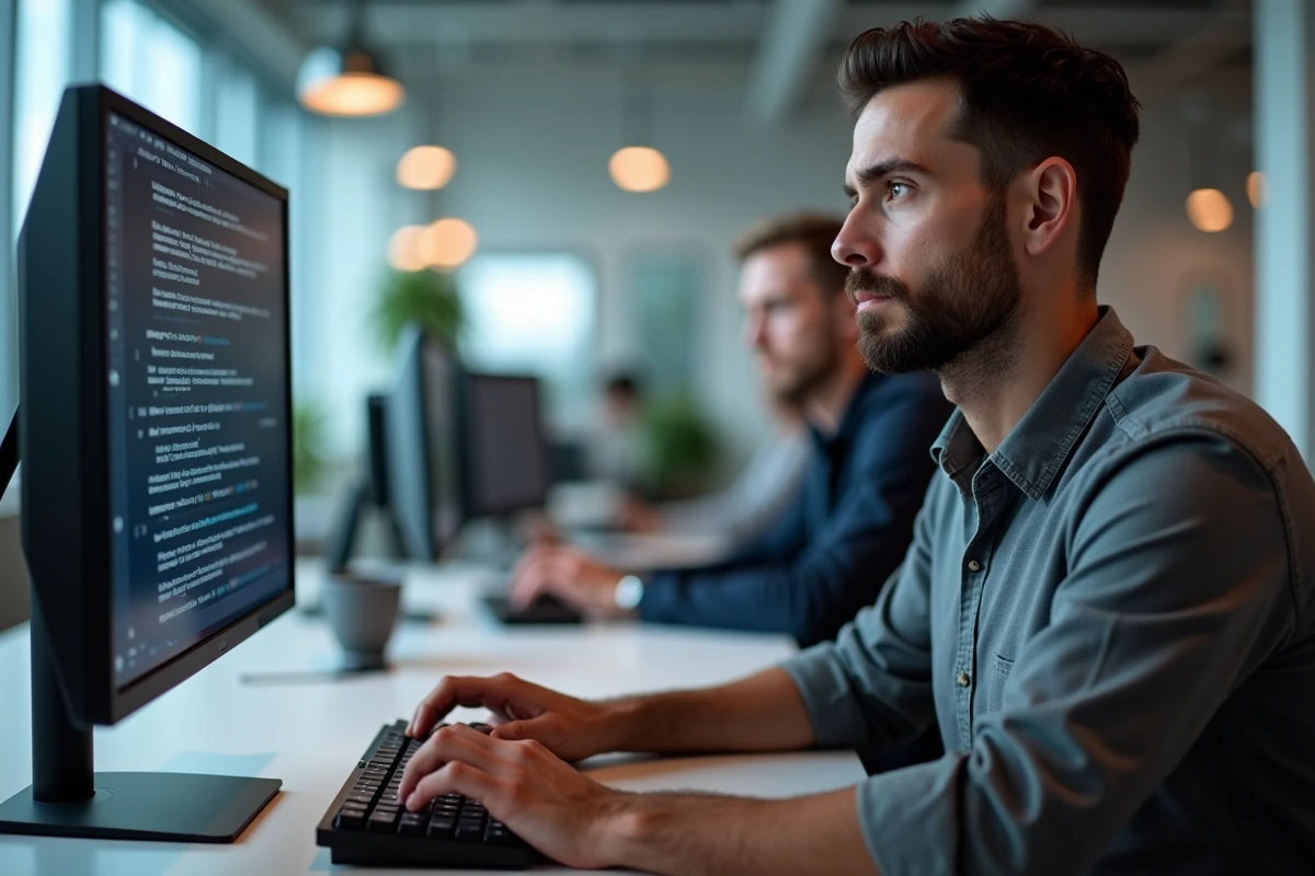 Homme en bureau moderne utilisant un clavier AZERTY pour écrire la lettre È avec accent grave