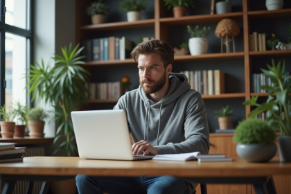 Homme en hoodie travaillant dans un bureau moderne