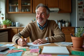Homme d'âge moyen souriant en cuisine avec calendriers
