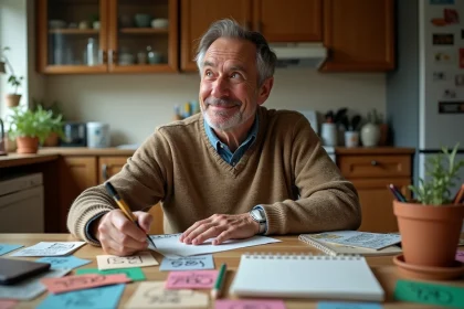 Homme d'âge moyen souriant en cuisine avec calendriers