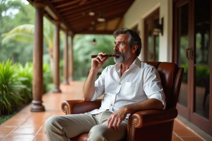 Homme d'âge moyen avec cigare sur terrasse tropicale