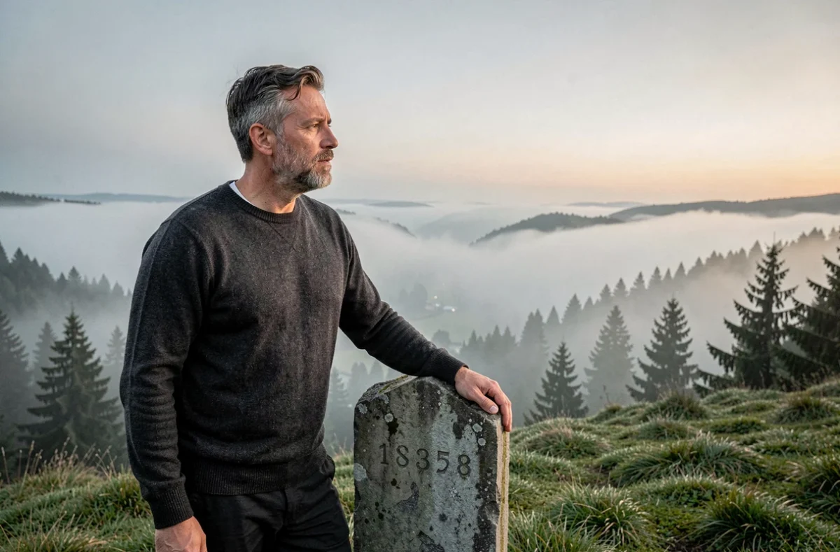 Homme contemplant un paysage brumeux au sommet d'une colline, symbolisant la quête spirituelle et le message de l'heure miroir 11h22