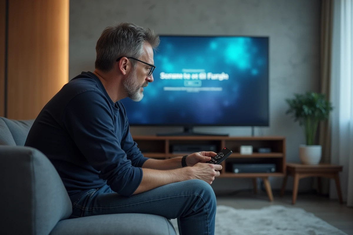 Homme regardant un message de contenu verrouillé sur une plateforme de streaming depuis son salon