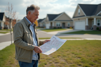 Homme d'âge moyen regardant un plan de zonage en extérieur