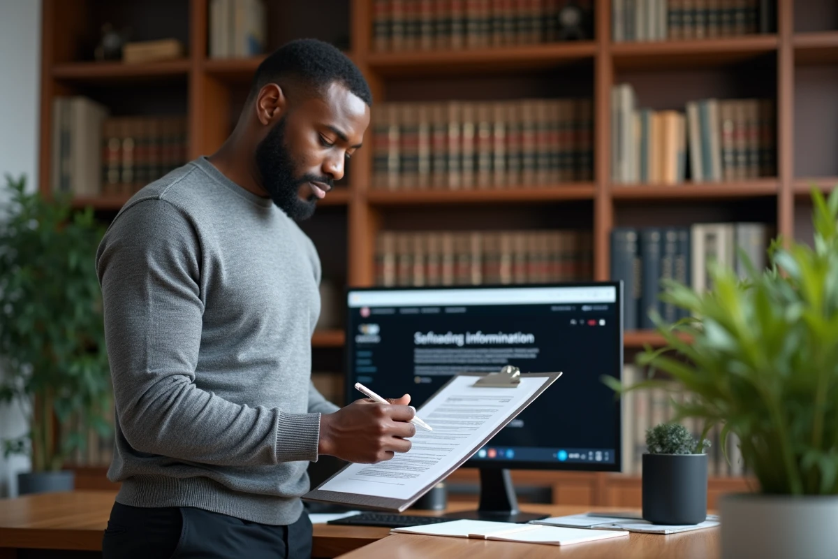 Homme lisant un formulaire juridique sur la discrimination dans un bureau à domicile