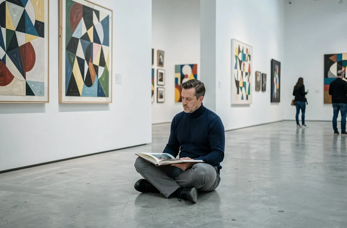 Un homme assis sur le sol d'une galerie d'art étudie un livre sur l'art abstrait entouré de tableaux abstraits géométriques