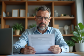 Homme d'âge moyen analysant des documents immobiliers