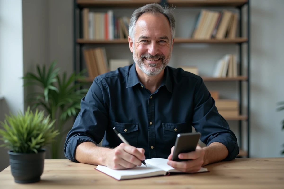 Homme prenant des notes en jouant à un jeu de mots sémantique sur smartphone dans un bureau minimaliste, entraînement cognitif quotidien