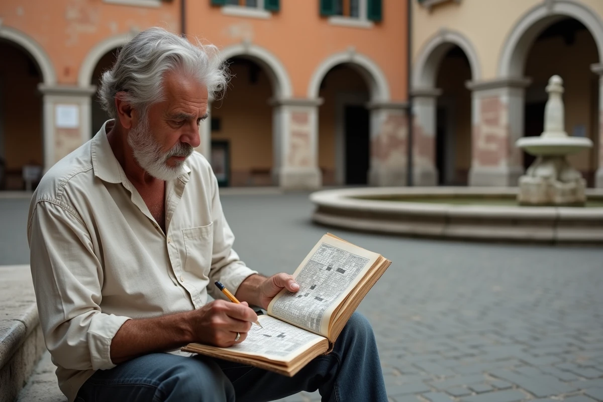 Homme résolvant des mots croisés sur les marches d'une piazza italienne en pierre